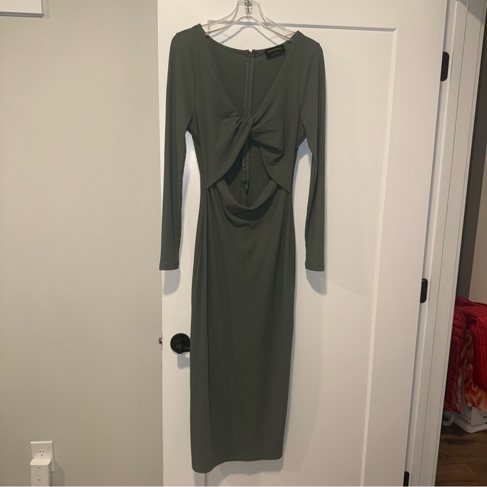 Sage Green Long Sleeve Twist Front Midi Dress